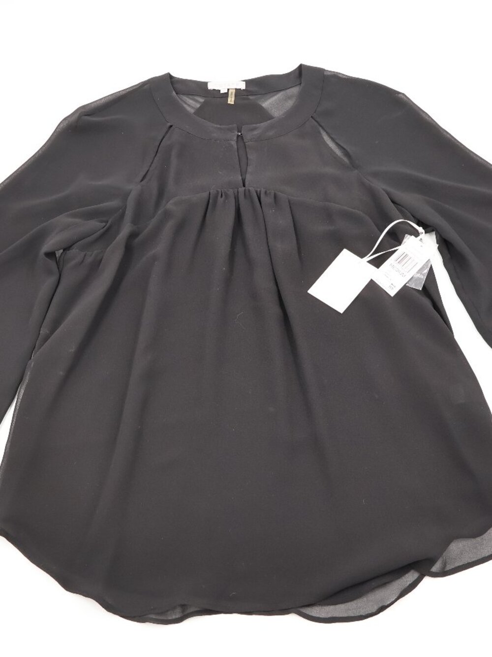 1.STATE Chiffon Blouse Womens Medium Black Keyhole Bishop Sleeve Sheer Accent